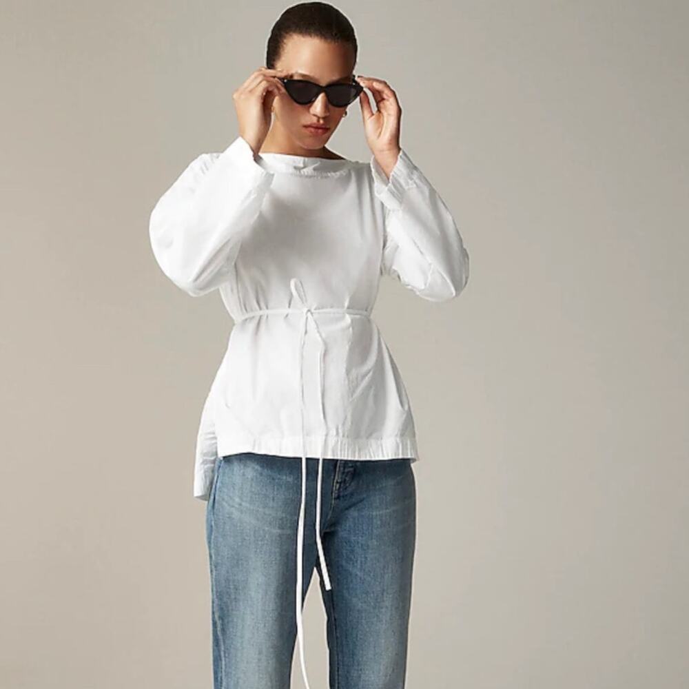 J.Crew Ciel Top WMNS M White Poplin Boatneck Side Button Waist Tie Long Sleeve
